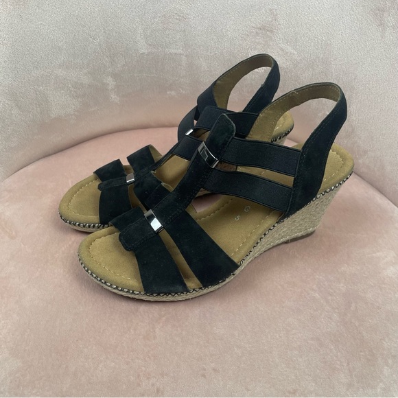 Gabor Black Suede Espadrille Wedge Sandals 5 - Picture 1 of 6